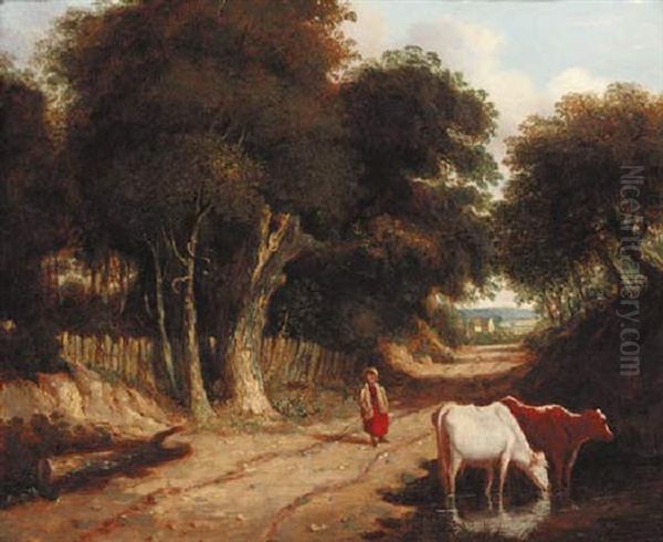 A Drover With Cattle Watering By A Lane Oil Painting by John Berney Ladbrooke