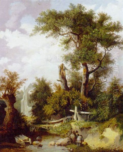 Boys Fishing By A Stream, A Ruined Church Beyond Oil Painting by John Berney Ladbrooke