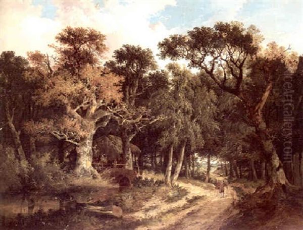 A Wooded Landscape With A Thatched Hut And A Figure On A Path In The Foreground Oil Painting by John Berney Ladbrooke