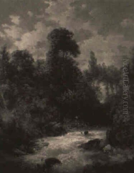 Angler Near A Wooded Stream Oil Painting by John Berney Ladbrooke