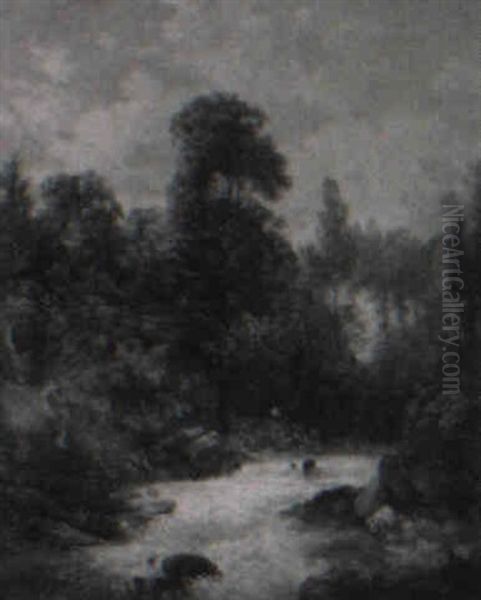 Fisherman By A Rushing Stream Oil Painting by John Berney Ladbrooke