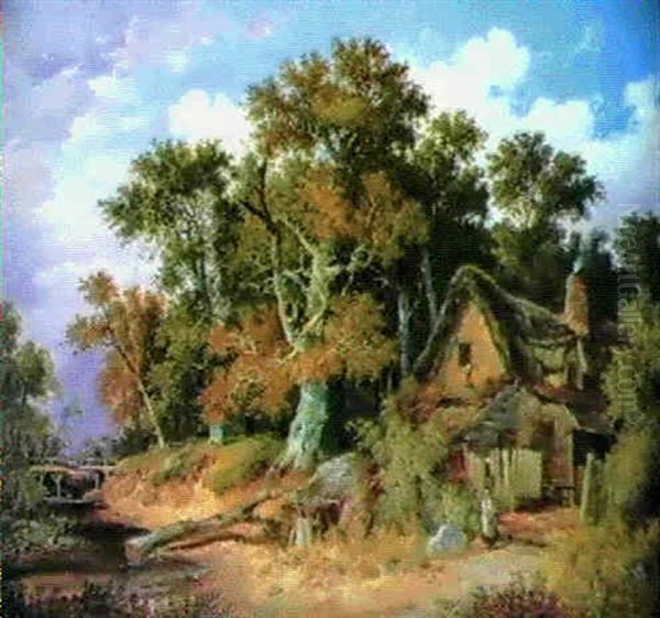 Figure Before A Cottage In A Wooded River Landscape Oil Painting by John Berney Ladbrooke