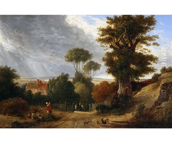 Country Lane With Gypsy Encampment, Figures, Horse And Dog With Cottage To Distance Oil Painting by Robert Ladbrooke