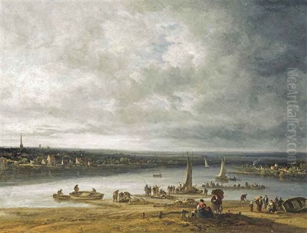 A River Estuary, Possibly King's Lynn, Norfolk, With Travellers Unloading Boats Oil Painting by Robert Ladbrooke