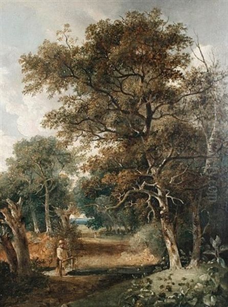 Figure On A Bridge Over A Woodland Stream Oil Painting by Robert Ladbrooke