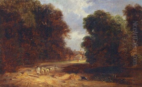 Sheep And Shepherd On A Country Lane Oil Painting by Robert Ladbrooke