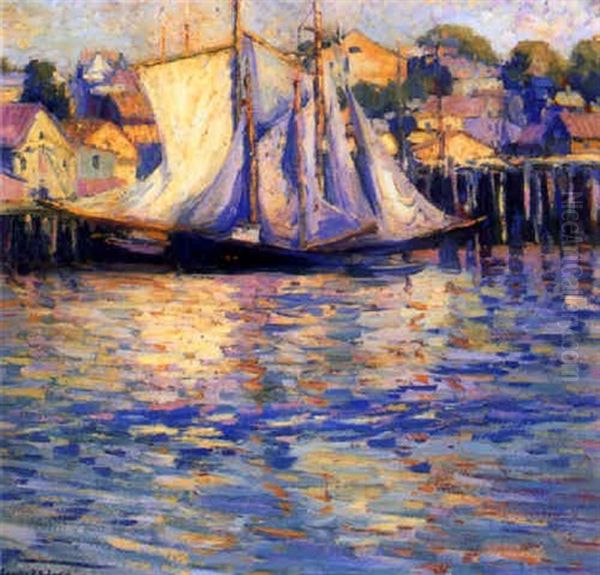 Harbor Scene Oil Painting by Laura D. Stroud (Mrs. Westray) Ladd