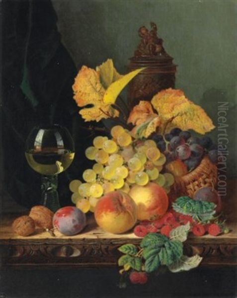 A Roemer, Grapes, Peaches, Plums, Raspberries And Walnuts On A Wooden Ledge Oil Painting by Edward Ladell