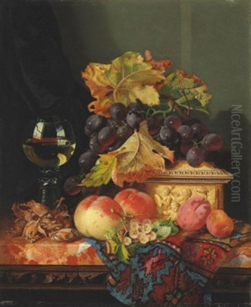 A Roemer With Grapes, Peaches, Plums, White Currants And Cobnuts On A Marble Ledge by Edward Ladell