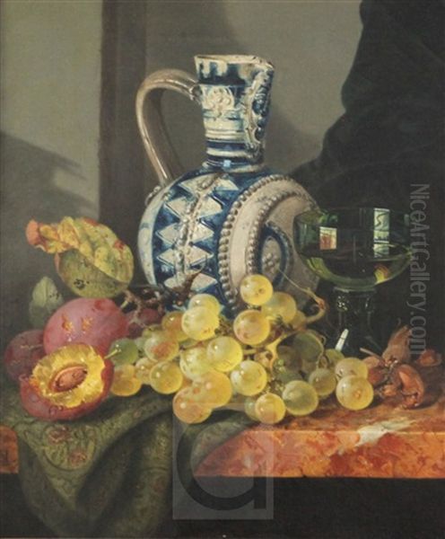 Still Life Of Fruit Beside A Glass And Stoneware Jug Oil Painting by Edward Ladell