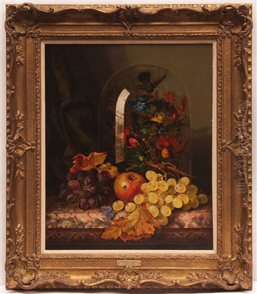 Still Life Study Of Mixed Fruit And Glass Domed Taxidermy Of Birds On A Marble Ledge Oil Painting by Edward Ladell