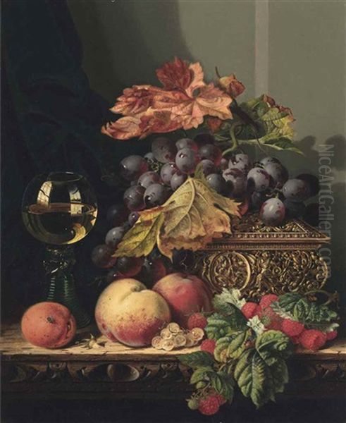 A Glass Of White Wine, Peaches, Grapes, Raspberries And Leaves, On A Carved Wooden Ledge Oil Painting by Edward Ladell