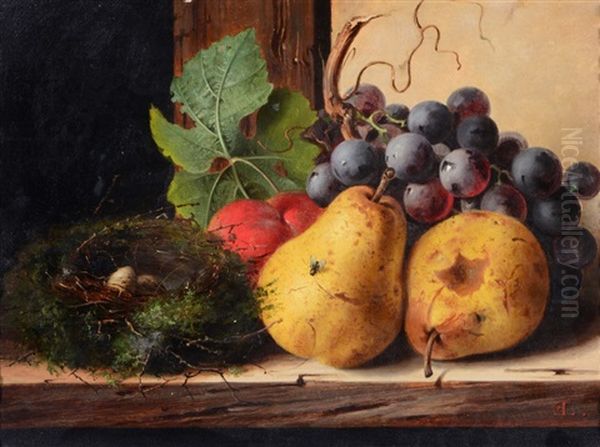 Still Life, Fruit And A Nest Of Eggs Upon A Ledge by Edward Ladell