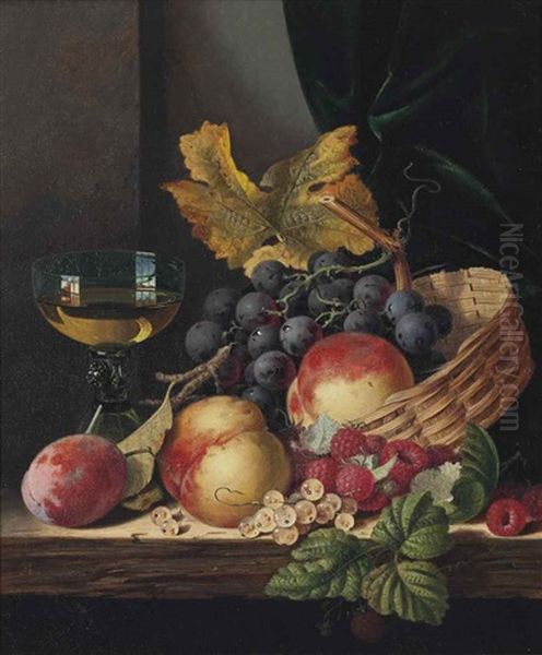 Peaches, Plum, Grapes, Raspberries And White Currants On A Wooden Ledge, With A Wine Glass Oil Painting by Edward Ladell