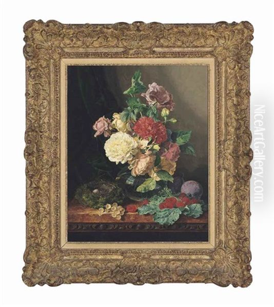 Carnations And Roses In A Glass Vase On A Ledge With Plums, Raspberries, Gooseberries, And A Birds Nest With Eggs Oil Painting by Edward Ladell