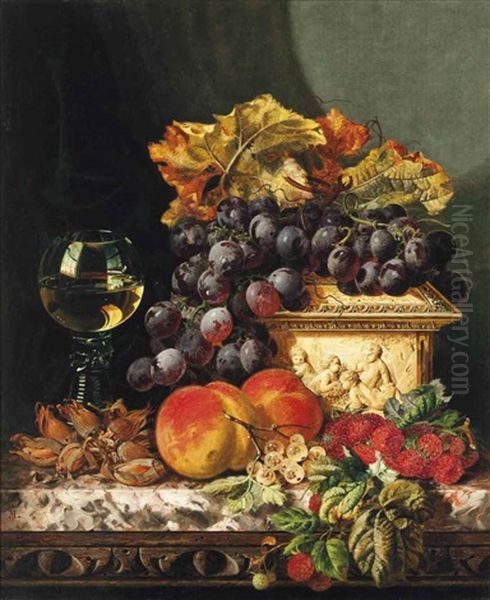 Red Grapes, Raspberries, Peaches, Whitecurrants And Hazelnuts, With An Ivory Casket And Roemer To The Side, On A Marble Ledge Oil Painting by Edward Ladell