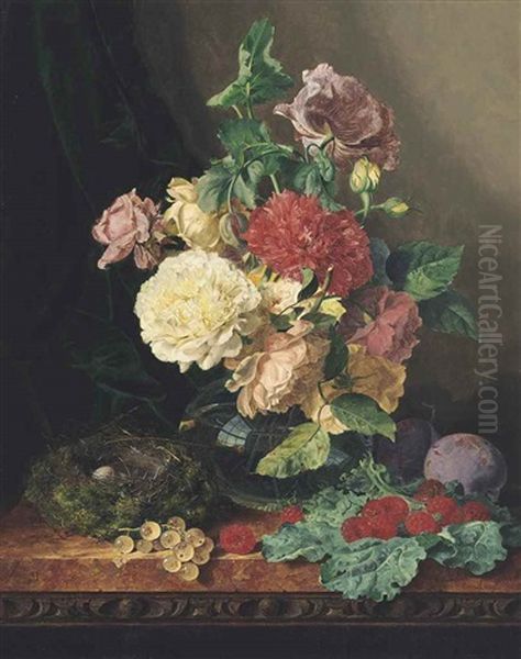 Carnations And Roses In A Glass Vase On A Ledge With Plums, Raspberries, Gooseberries, And A Birds Nest With Eggs Oil Painting by Edward Ladell