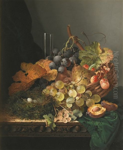 Still Life With A Bird's Nest, Peaches And A Glass Vase With Bunches Of Cherries And Grapes In A Basket Oil Painting by Edward Ladell