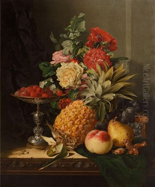 Still Life With A Pineapple, Roses, Carnations, Cob Nuts, Peaches, A Pear, Black Grapes, Raspberries On A Parcel Gilt Tazza With A Parcel Gilt Casket On A Table Oil Painting by Edward Ladell