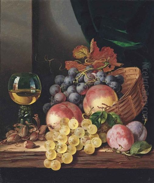 Grapes And Peaches In A Wicker Basket, With Plums, Acorns And A Roemer To The Side Oil Painting by Edward Ladell