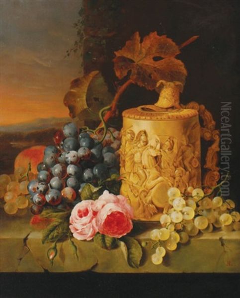 Still Of Grapes And Roses Oil Painting by Edward Ladell