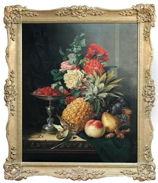 Still Life With A Pineapple, Roses, Carnations, Cob Nuts, Peaches, A Pear, Black Grapes, Raspberries On A Parcel Gilt Tazza, With A Parcel Gilt Casket, On A Table Oil Painting by Edward Ladell