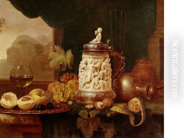 A Still Life Of An Ivory Tankard And Fruit On A Table-top Oil Painting by Edward Ladell