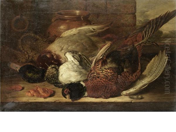 Still Life Of Game And Prawns On A Table Oil Painting by Edward Ladell