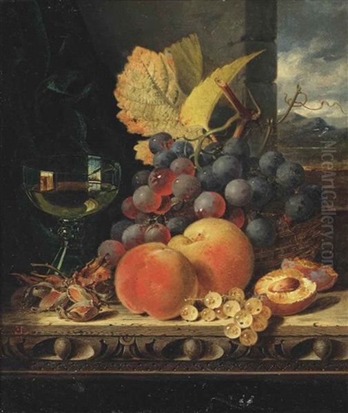 A Glass Of White Wine, Grapes, Peaches And White Currants, On A Ledge, With A Landscape Beyond Oil Painting by Edward Ladell