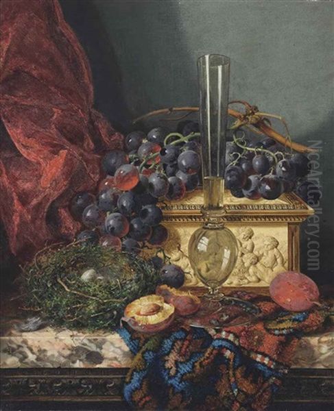 A Tall Flute, With Grapes, Plums, A Bird's Nest, And Ivory Casket, On A Persian Carpet On A Marble Ledge Oil Painting by Edward Ladell