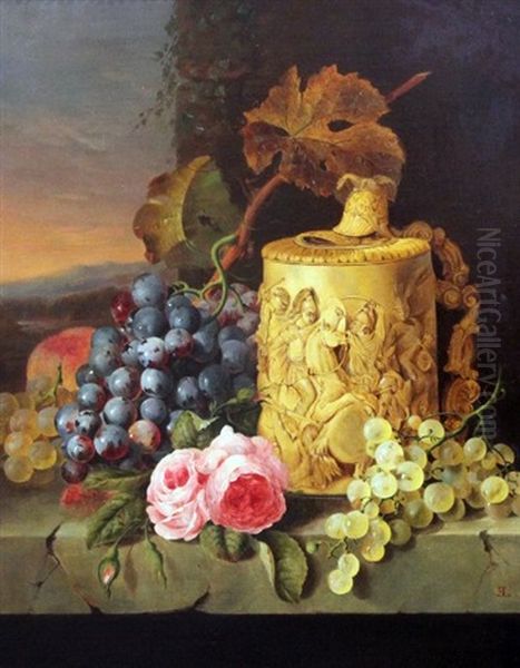 Still Life With Grapes, Roses And An Ivory Stein, On A Marble Ledge Oil Painting by Edward Ladell