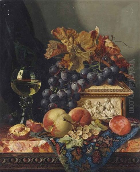 A Glass Of Wine, Grapes, Peaches, White Currants, And An Ivory Box, On A Marble Ledge Oil Painting by Edward Ladell