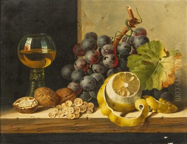 Still Life With Nuts, Grapes, Lemon And Leaves On A Wood Ledge by Edward Ladell