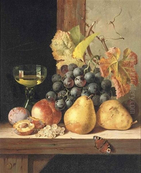 Black Grapes, Pears, A Peach, Plums, White Currants, A Peacock Butterfly And A Roemer On A Wooden Ledge Oil Painting by Edward Ladell