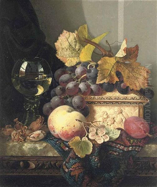 Black Grapes, A Peach, A Plum, White Currants, Hazelnuts, A Roemer And An Ivory Casket On A Carpet On A Marble Ledge Oil Painting by Edward Ladell