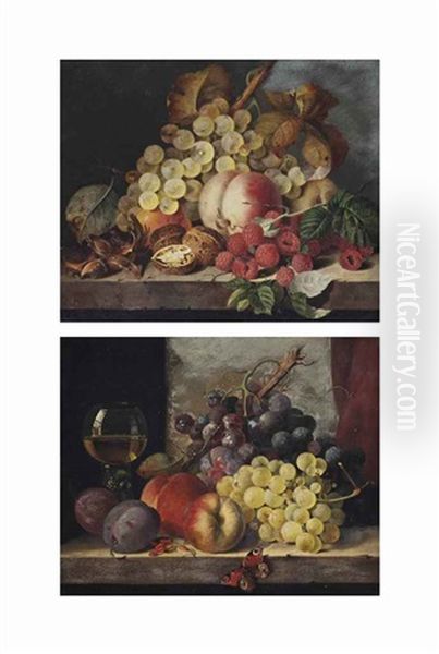 A Wine Glass, Grapes, Peaches And Plums, With A Peacock Butterfly, On A Stone Ledge (+ Grapes, Raspberries, Hazelnuts, Walnuts...; Pair) Oil Painting by Edward Ladell