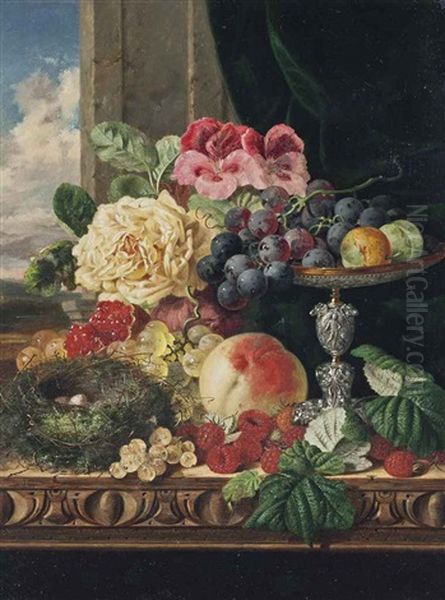 A White Rose, Grapes, Greengages, Raspberries, White Currants, A Pomegranate, A Silver Tazza And A Bird's Nest On A Carved Wooden Ledge Oil Painting by Edward Ladell