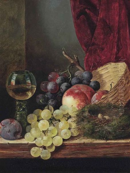 A Wicker Basket, Peaches, A Plum, Red And Green Grapes, A Bird's Nest And A Roemer On A Wooden Ledge Oil Painting by Edward Ladell