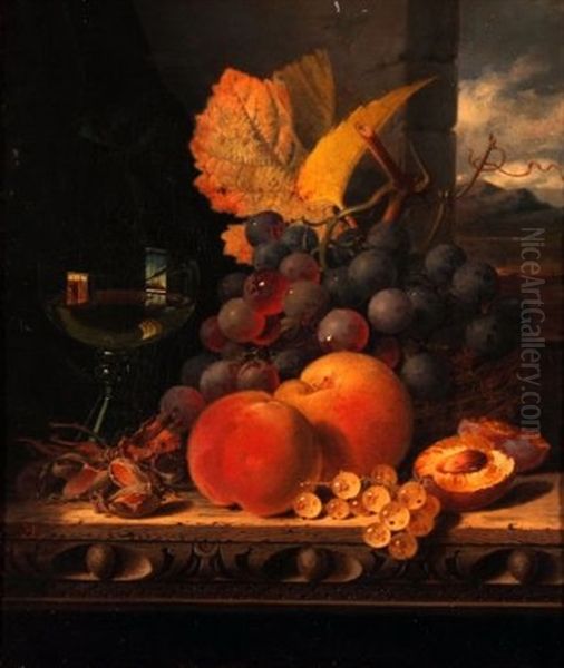 Still Life Study Of Mixed Fruit And Wine Glass On A Table Ledge Oil Painting by Edward Ladell