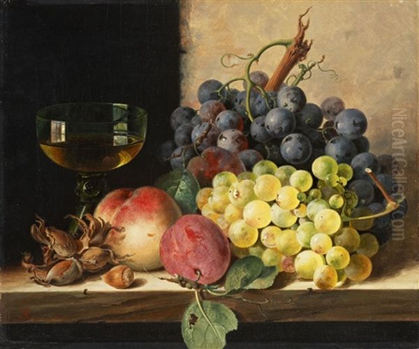 A Still Life Of Grapes, Plums, Hazelnuts, A Peach, And A Wine Glass On A Ledge Oil Painting by Edward Ladell