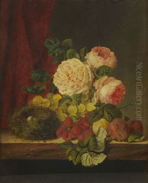 Still Life With Roses, Fruit And Bird's Nest Oil Painting by Edward Ladell