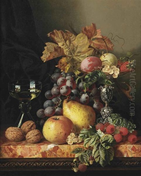 A Still Life With A Pear, An Apple, Walnuts And Various Other Fruits Oil Painting by Edward Ladell