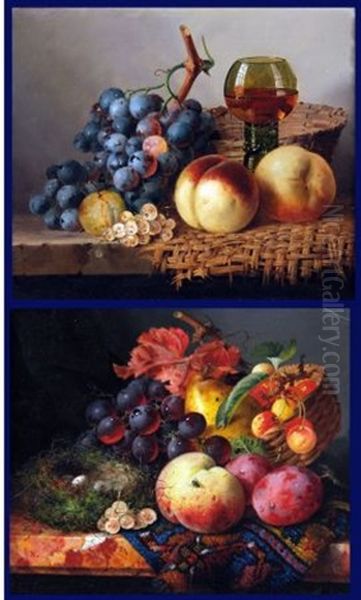 Still Life Of Mixed Fruit, Basket, Wine Glass And Birds' Nests On A Marble Ledge (study) (+ Still Life Of Mixed Fruit, Basket, Wine Glass And Birds' Nests On A Marble Ledge (study); Pair) Oil Painting by Edward Ladell