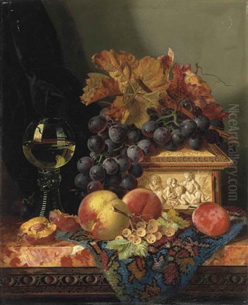 Still Life With Grapes, Peaches, Plums, Whitecurrants, An Ivory Casket And A Roemer, On A Persian Carpet On A Marble Ledge Oil Painting by Edward Ladell