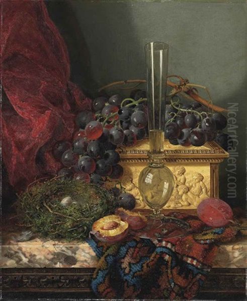 Still Life With Grapes, Plums, A Bird's Nest, An Ivory Casket And A Glass On A Persian Carpet On A Marble Ledge Oil Painting by Edward Ladell