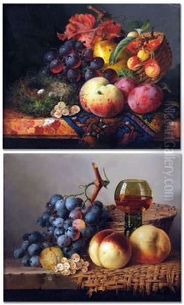 Still Life Of Mixed Fruit, Basket, Wine Glass And Birds' Nest On A Marble Ledge (study) (+ Another; Pair) Oil Painting by Edward Ladell