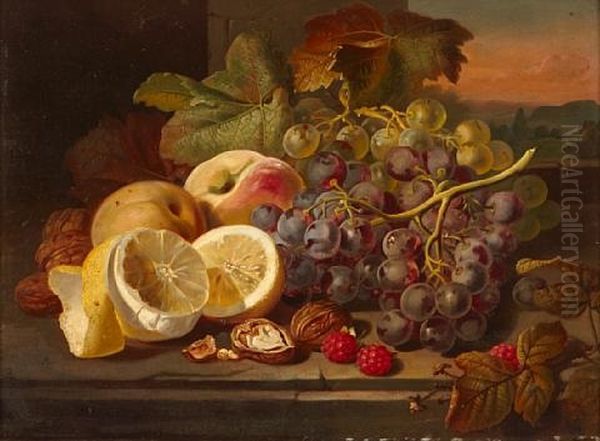 A Still Life With Fruit And Nuts On A Table Oil Painting by Edward Ladell