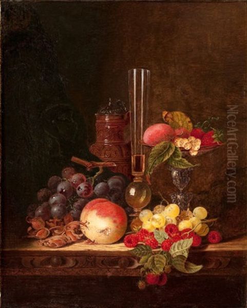 Still Life With Ceramic Jug, Wine Glass, And Tazza With Fruit Oil Painting by Edward Ladell