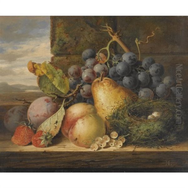 Still Life With A Bird's Nest, A Pear, A Peach, Grapes, Strawberries And Plums Oil Painting by Edward Ladell