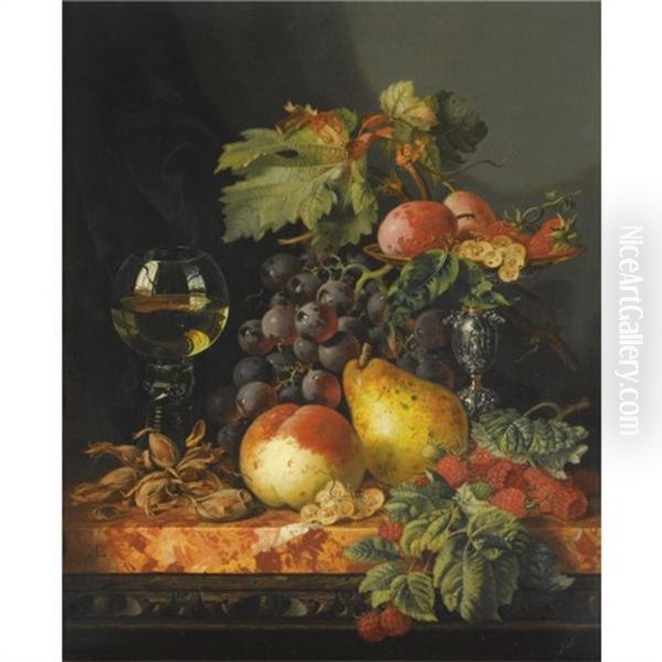 Still Life With Grapes, A Pear, A Peach, Plums, Redcurrants And Raspberries, Hazelnuts, A Wine Glass And A Silver Tazza by Edward Ladell